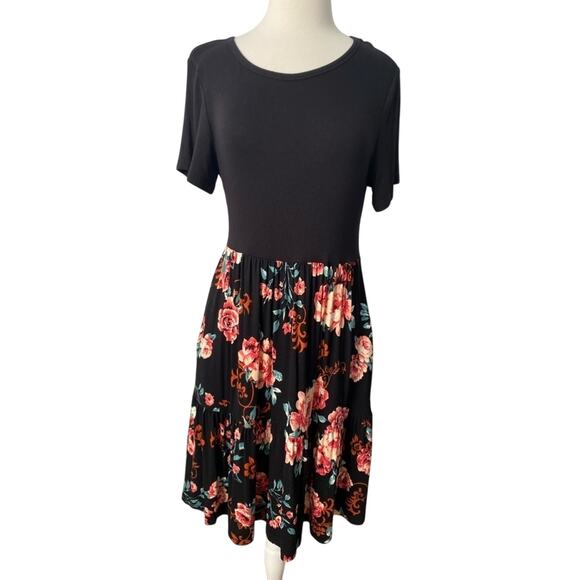 Women's L Whimsigoth Floral Tiered Ruffle Lightweight Stretch Dress Boho Cottage - Picture 1 of 8